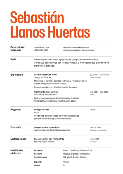 CV de ejemplo «Nombre grande» para desarrollador web junior