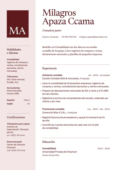 CV de ejemplo «Tinta vino» para contadora junior